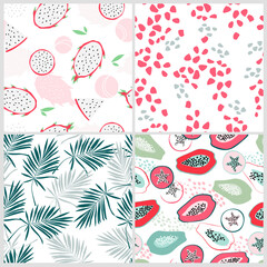 The set is a seamless pattern with dragon fruit, papaya, palm leaves, simple abstract shapes. Contemporary tropical exotic print. Vector graphics.
