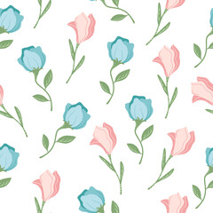 Fototapeta na wymiar Seamless pattern with hand drawn colorful flowers, floral, natural objects in white background. Doodle, simple flat illustration. It can be used for decoration of textile, paper and other surfaces.