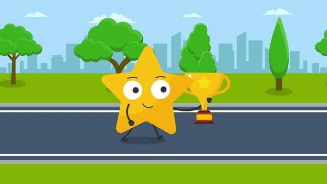 Cute star Character with golden cup Animation.4K video motion animation.