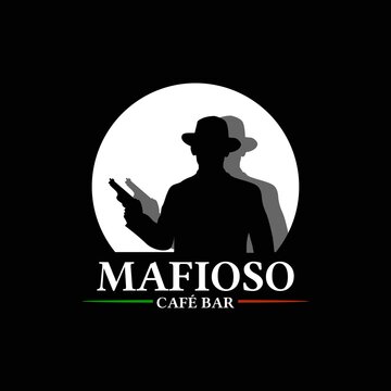 vintage retro classic illustration vector silhouette of cowboy western mafia mafioso gangster mobster bandit, suitable for cowboy cafe bar, pizza cafe or gentleman coffee shop logo design inspiration