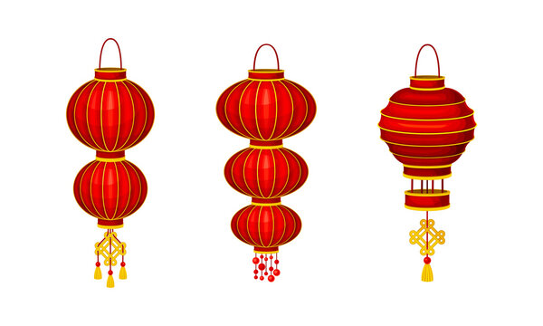 Red Chinese lanterns set. Traditional Asian New Year decor element vector illustration