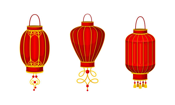 Chinese paper lanterns set. Traditional Asian New Year decor element vector illustration