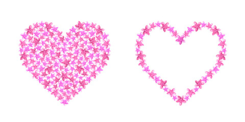 Set of pink flower hearts on white isolated background for card, invitation, poster, print. Valentine's day, wedding, birthday. Watercolor