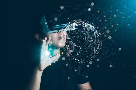 Women wear virtual reality glasses to enter the virtual world, to experience the virtual world technology, the future world, to experience entertainment through the screen.VR