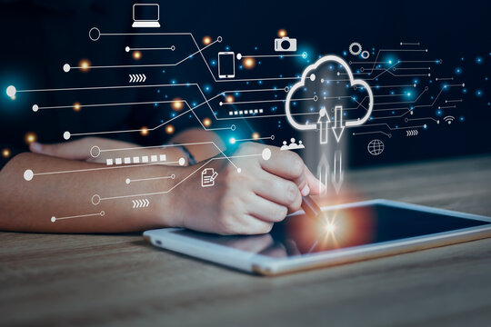 Businesswoman touching virtual monitor, cloud computer storage concept, cloud computing, big data, internet of things, business processes, various storage systems