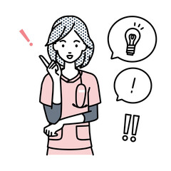 立って素晴らしいアイデアをひらめいた看護師の女性 フキダシに電球と感嘆符のセット