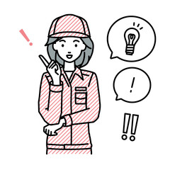 立って素晴らしいアイデアをひらめいた作業員の女性 フキダシに電球と感嘆符のセット