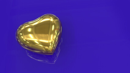 A golden heart on a blue reflective surface. Plastic heart on a blue background. 3D image.