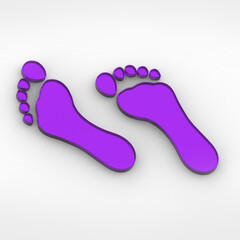 two Royal Purple glass bare footprints. bare footprint close up. Square image. 3D image. 3D rendering.