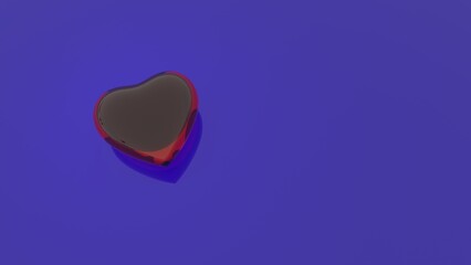 A red shiny heart on a blue reflective surface. A glass heart on a blue background. 3D illustration. 
