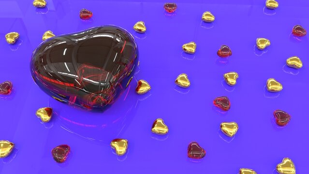 A red heart and many small gold and red hearts on a blue reflective surface. Glass hearts on a blue background. 3D image.
