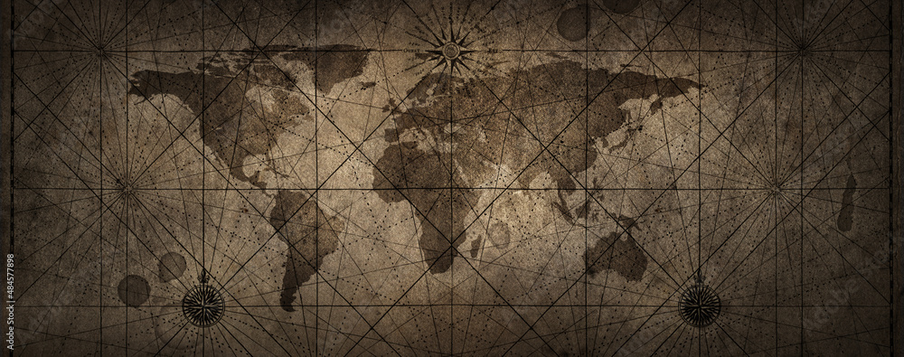 Poster old map of the world on a old parchment background. vintage style. tinting in gray-brown color. elem