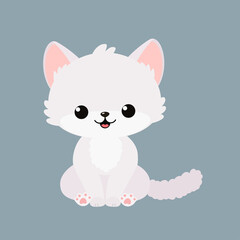 Cute white kawaii cat sitting isolated on white background. Vector illustration. Cartoon flat style