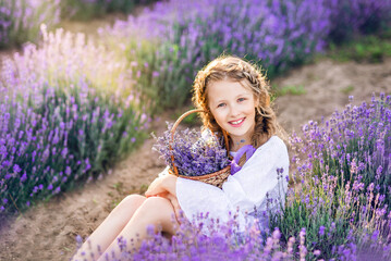 Portrait of a cute girl with a basket of lavender flowers in her hands. A child is sitting in a field of lavender