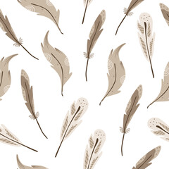 Seamless pattern with hand drawn colorful bird feathers in a white background. Doodle, simple flat illustration. It can be used for decoration of textile, paper and other surfaces.