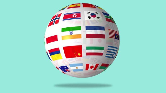 Globe with flags animation, all world countries in global sphere.. 3D rendering 