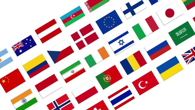 World flags animation minimal on white background, diagonal countries symbol going diagonally. Flat lay 