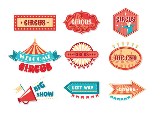 Circus vintage labels, sign boards. Logotype template for carnival, event banner emblems for entertainment.