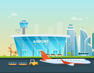 Airport terminal building and airplanes, taxi, car, loader.