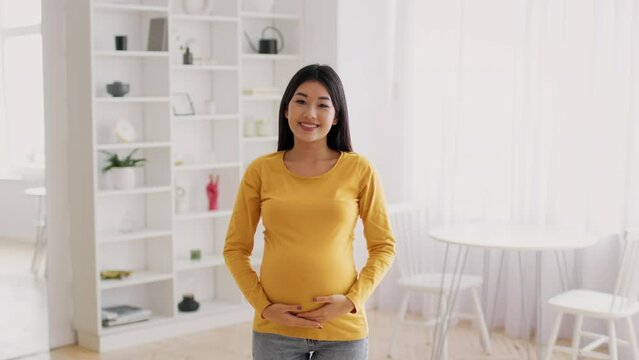 Beautiful Young Pregnant Asian Woman Embracing Belly And Smiling At Camera