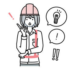 立って素晴らしいアイデアをひらめいた工事現場の女性 フキダシに電球と感嘆符のセット