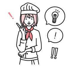 立って素晴らしいアイデアをひらめいた調理師の女性 フキダシに電球と感嘆符のセット