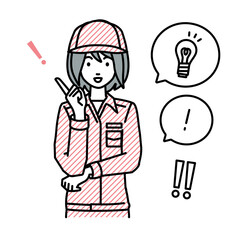 立って素晴らしいアイデアをひらめいた作業員の女性 フキダシに電球と感嘆符のセット