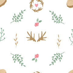 Seamless pattern with horns, tree branches, dried flowers, roses, hearts in rustic style. Simple elegant vector background for printing on fabric, paper, packaging, wallpaper