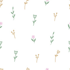 Seamless pattern with twigs, dried flowers, roses in rustic style. Simple elegant vector background for printing on fabric, paper, packaging, wallpaper
