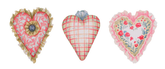 A set of hearts. Cute soft decorations for Valentine's day. The image is hand-drawn and isolated on a white background. Watercolor.