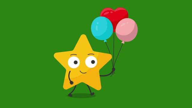 Cute star Character with birthday ballons Animation. 4K video motion animation.