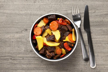 Concept of tasty food with beef with vegetables, top view