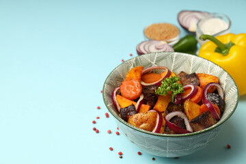 Concept of tasty food with beef with vegetables, space for text