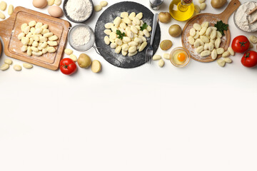 Concept of cooking with potato gnocchi on white background