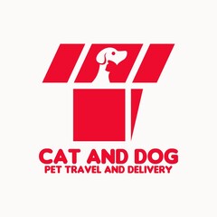 modern simple flat clean minimalist of package box with dog and cat negative space with red color isolated on the white background good for pet travel or pet delivery service logo design inspiration