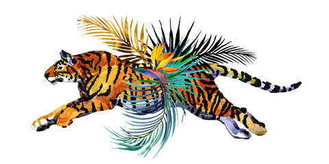 Tiger and exotic palm leaves and flowers. Watercolor  illustration.