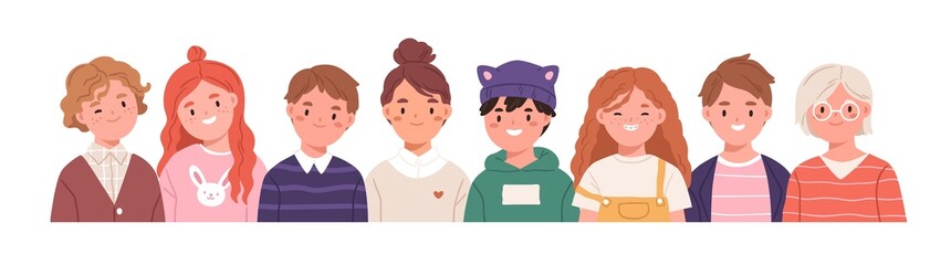 Happy children group portrait. Elementary school kids in row. Cute smiling boys and girls. Young little students friends. Primary schoolkids. Flat vector illustration isolated on white background