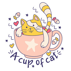 Doodle cartoon cute print or sticker with funny cat. Adorable animal vector illustration