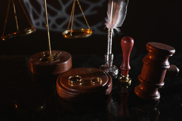 Last will and rings in notary office. Death and legacy concept. Top view.