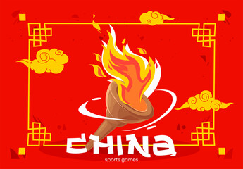vector illustration of a torch with fire for international sports games on a red background with design elements of Chinese culture