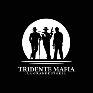 Silhouette Of Three Gangster Mafia, Bastard Bandit Mafioso With Gun Shot Weapon And Walking Stick In Hand And Smoking Pipe In Mouth Logo Design Inspiration