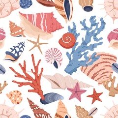 Seamless marine pattern with seashells, corals and starfishes. Repeating background with sea shells, mollusks, shellfishes print. Printable endless texture design. Colored drawn vector illustration