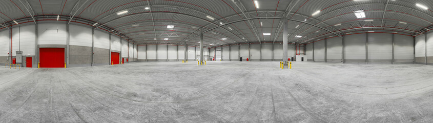 warehouse, red doors, hall, logistics hall 360° panorama clean