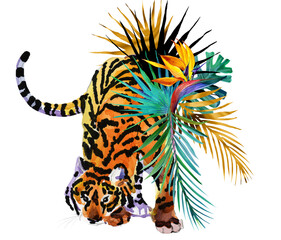 Tiger and exotic palm leaves and flowers. Watercolor  illustration.