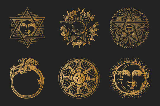 Freemasonry and mystical symbols, drawn sketch set