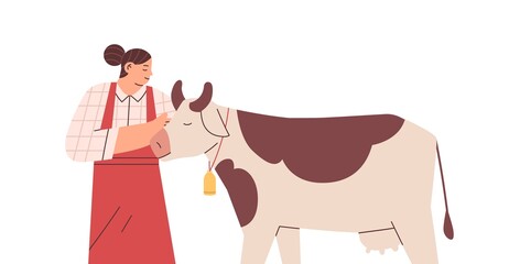 Happy woman farmer and caring about milk cow. Dairy farm worker and domestic animal, cattle. Cowherd and livestock portrait. Flat vector illustration of female shepherd isolated on white background