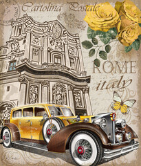 Vintage poster with retro car on antique building background.