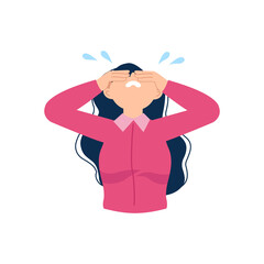 Young woman place her hands in head as a sign of frustration and stress. Flat vector cartoon design