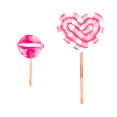 Watercolor lollipops for Valentine's Day on a white background