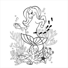 Seahorse, unicorn and sea world. Vector illustration isolated on a white background, linear sketch drawing for coloring.